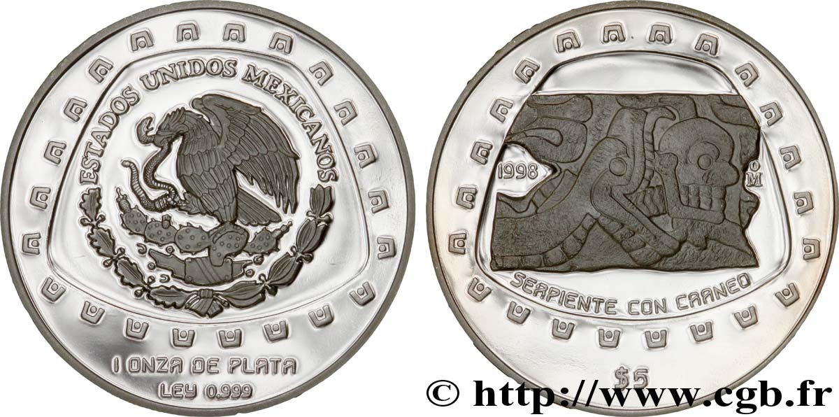 MEXIQUE 5 Pesos proof civilisations précolombiennes - série Toltèque : aigle / serpent au crâne 1998 Mexico FDC 
