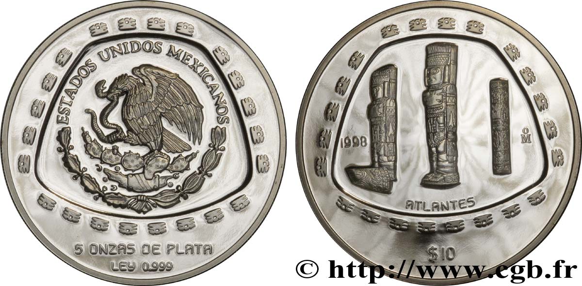 MEXIQUE 10 Pesos proof civilisations précolombiennes - série Toltèque : aigle / les trois atlantes 1998 Mexico FDC 