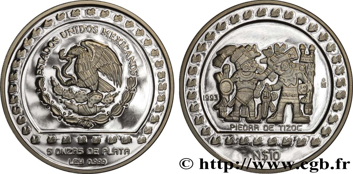 MEXIQUE 10 Nuevos Pesos proof civilisations précolombiennes - série Aztèque : aigle / scène tirée de la pierre de Tizoc (Mexico) 1993 Mexico FDC 