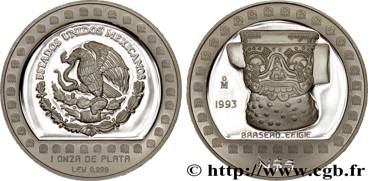 MEXIQUE 5 Nuevos Pesos proof civilisations précolombiennes - série Aztèque : aigle / Dieu de la pluie 1993 Mexico FDC 