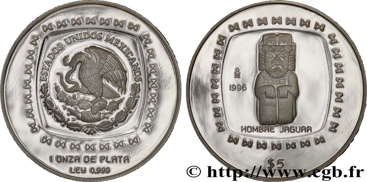 MEXIQUE 5 Pesos or proof civilisations précolombiennes - série Olmèque : aigle / homme jaguar 1996 Mexico FDC 
