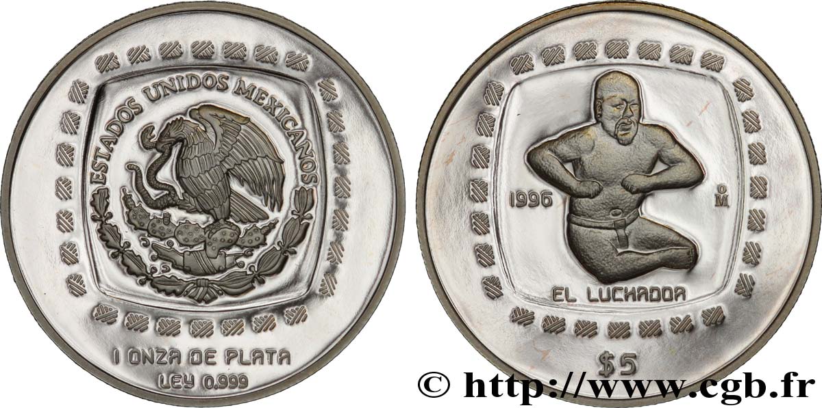 MEXIQUE 5 Pesos or proof civilisations précolombiennes - série Olmèque : aigle / le lutteur olmèque 1996 Mexico FDC 