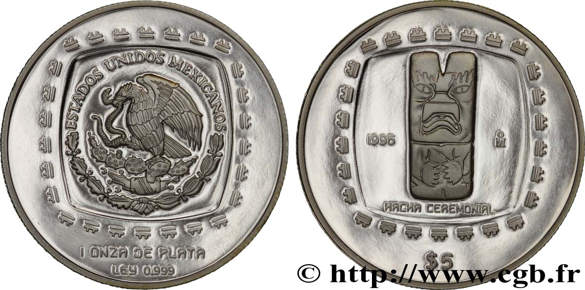 MEXIQUE 5 Pesos or proof civilisations précolombiennes - série Olmèque : aigle / hache de cérémonie 1996 Mexico FDC 