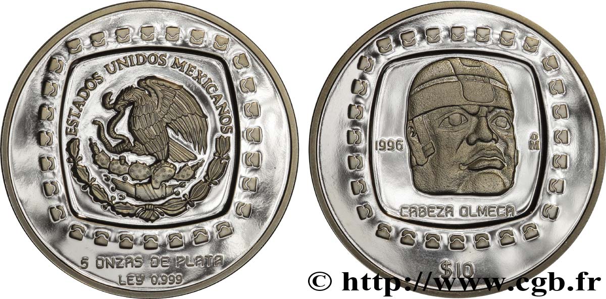 MEXIQUE 10 Pesos argent proof civilisations précolombiennes - série Olmèque : aigle / tête colossale 1996 Mexico FDC 
