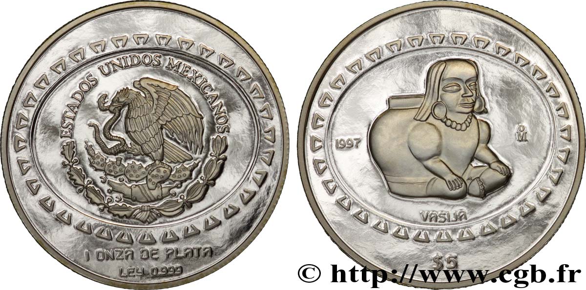 MEXIQUE 5 Pesos or proof civilisations précolombiennes - série Teotihuacan : aigle / vase à tête de femme 1997 Mexico FDC 