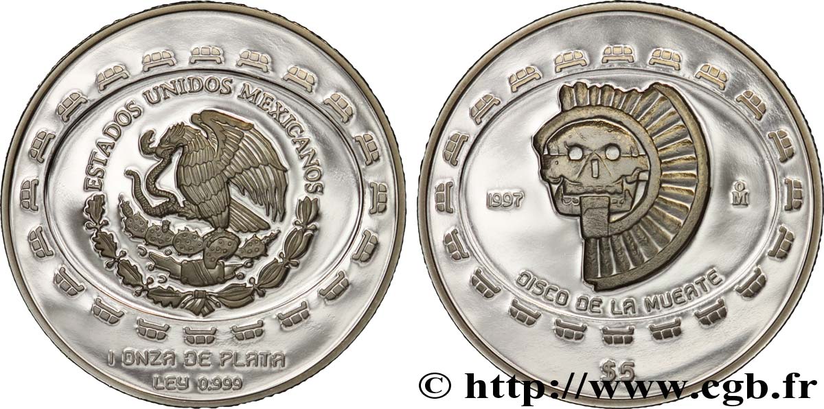 MEXIQUE 5 Pesos or proof civilisations précolombiennes - série Teotihuacan : aigle / disque de la mort 1997 Mexico FDC 