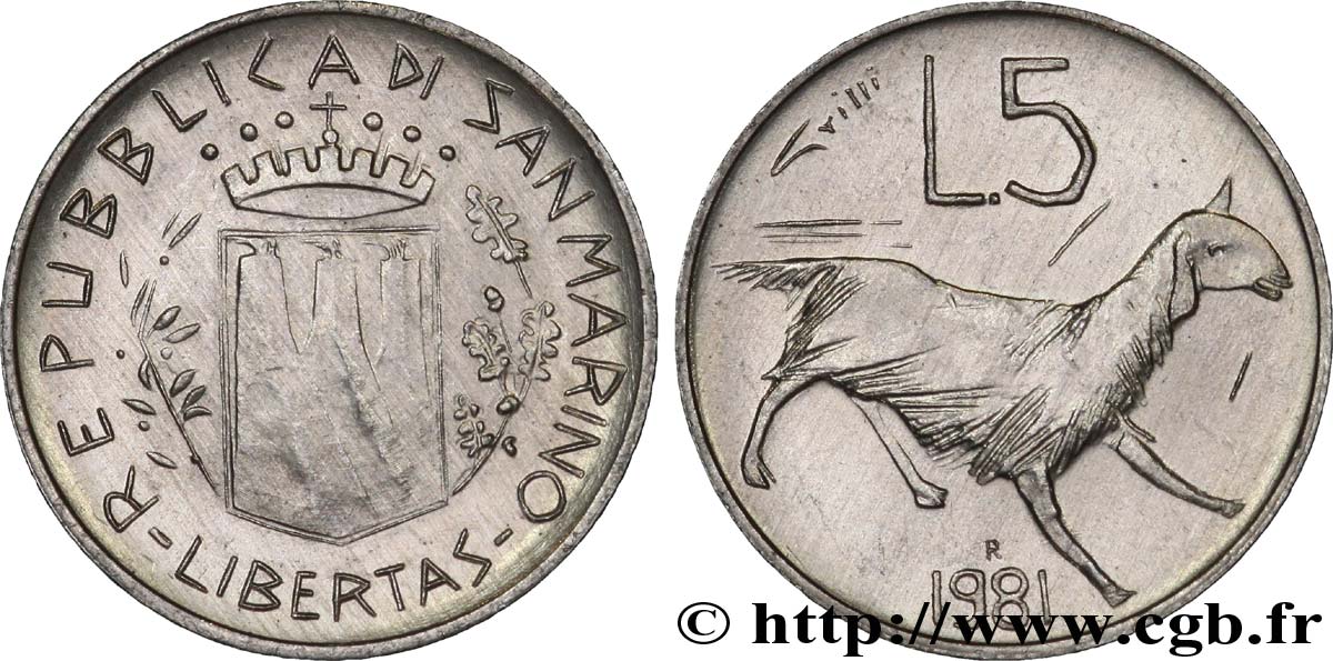 SAINT-MARIN 5 Lire armes / chèvre 1981 Rome - R SUP 