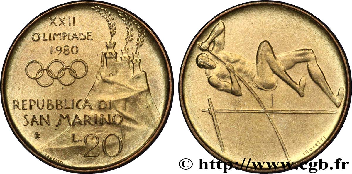 SAINT-MARIN 20 Lire XXIIe Jeux Olympiques : vue des 3 chateaux / saut à la perche 1980 Rome - R SUP 