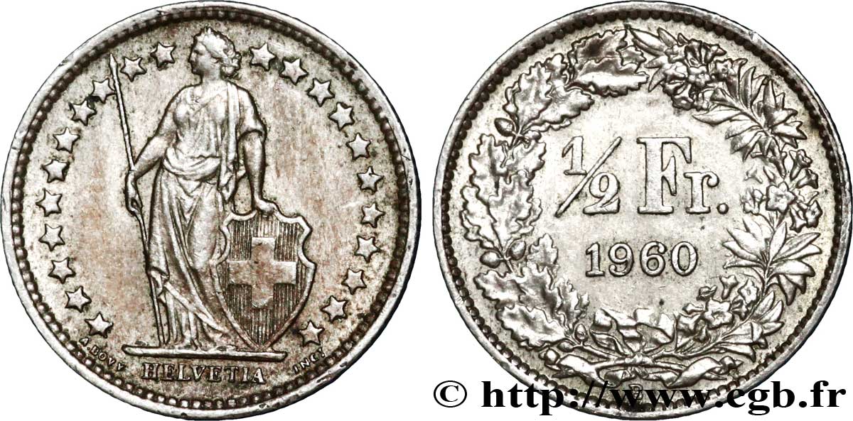 SWITZERLAND 1/2 Franc Helvetia 1960 Berne XF 