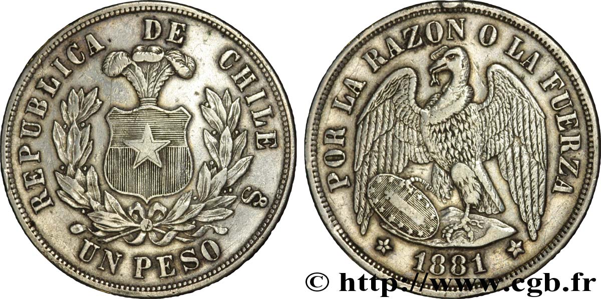 CHILI 1 Peso emblème / condor 1881 Santiago - S° TTB 