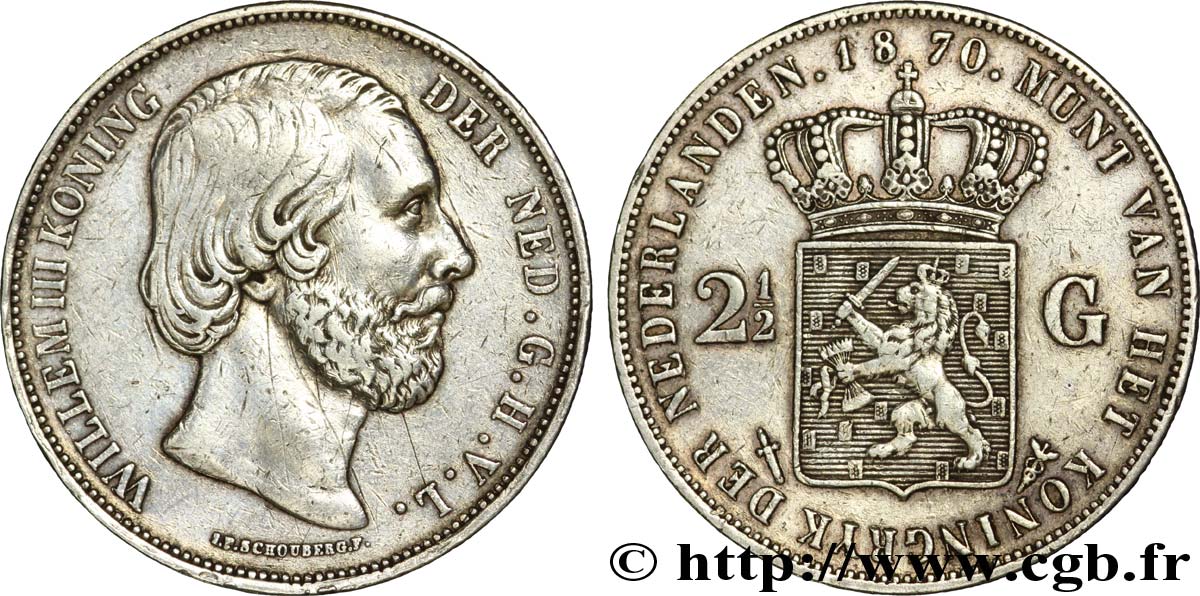 PAYS-BAS 2 1/2 Gulden Guillaume III 1870 Utrecht TTB 