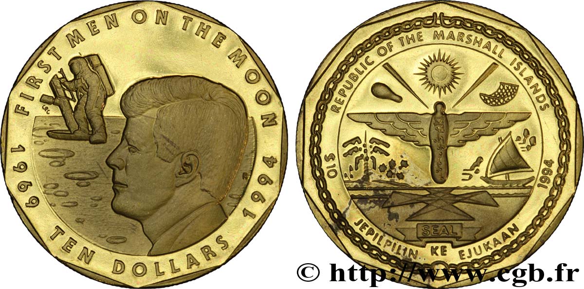 ÎLES MARSHALL 10 Dollars armes / 25e anniversaire du premier homme sur la Lune, John Kennedy et astronaute 1994  FDC 