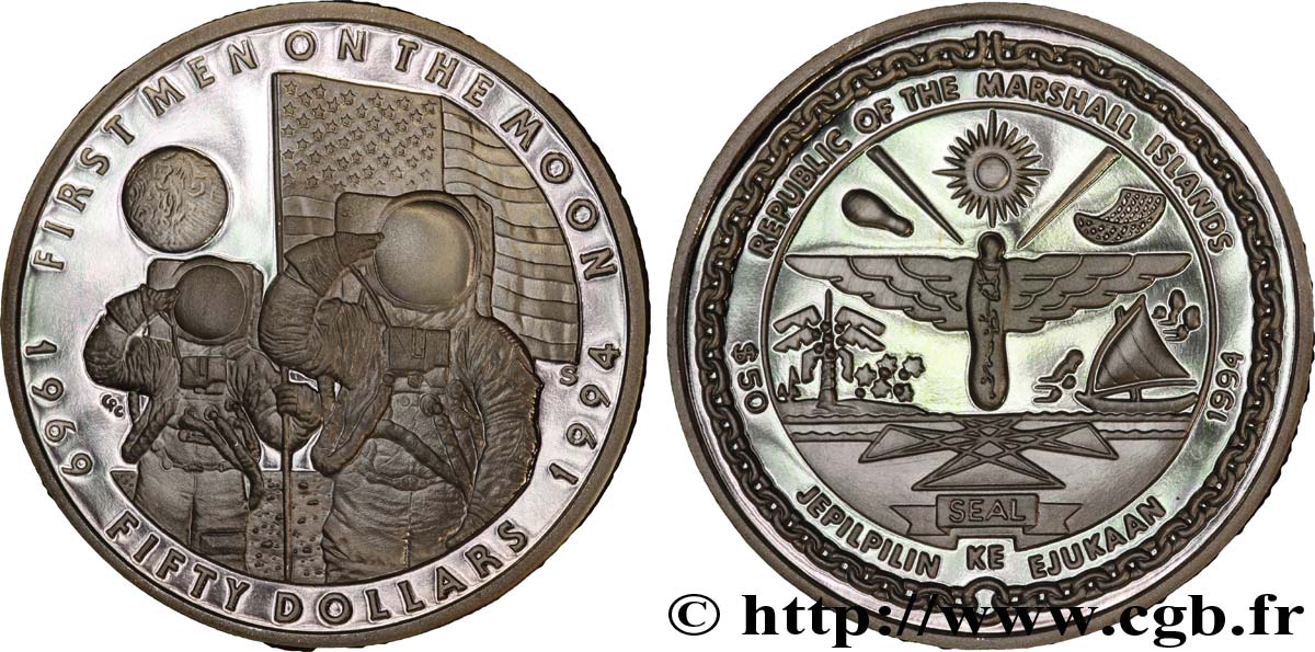 ÎLES MARSHALL 50 Dollars armes / 25e anniversaire du premier homme sur la Lune, salut au drapeau 1994  FDC 
