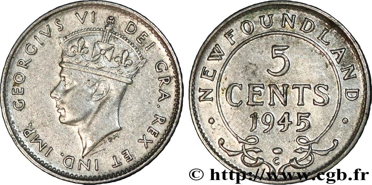 TERRE-NEUVE 5 Cents Georges VI 1945  TTB+ 