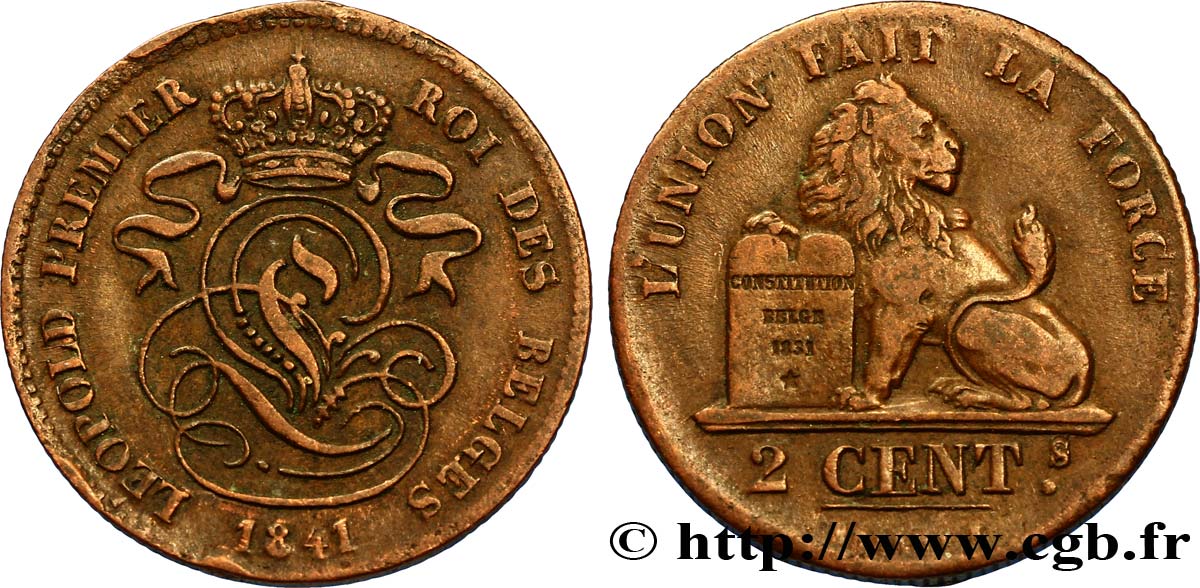 BELGIQUE 2 Centimes lion monogramme de Léopold Ier 1841  TTB+ 
