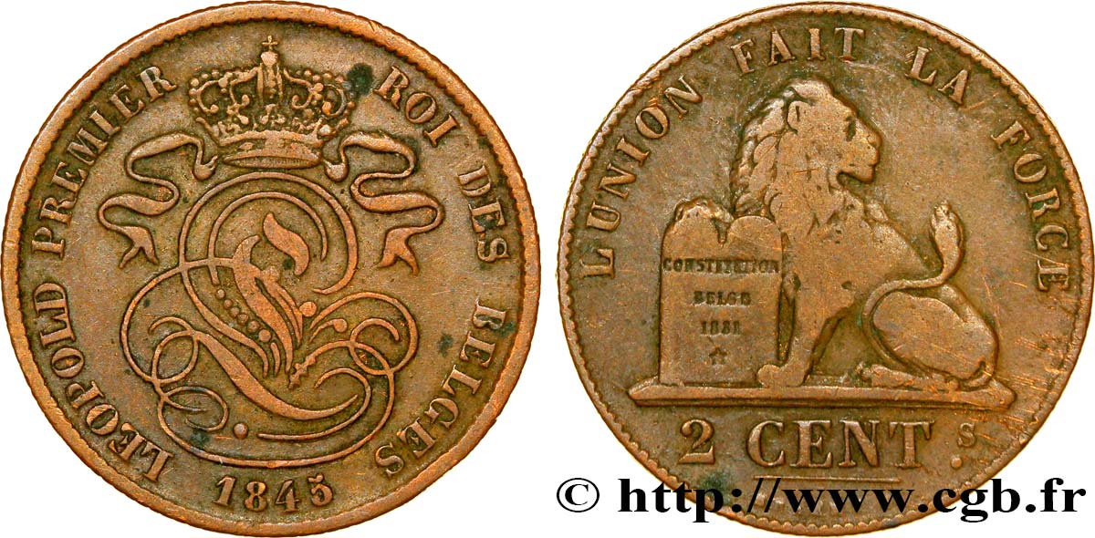 BÉLGICA 2 Centimes lion monogramme de Léopold Ier 1845  MBC 