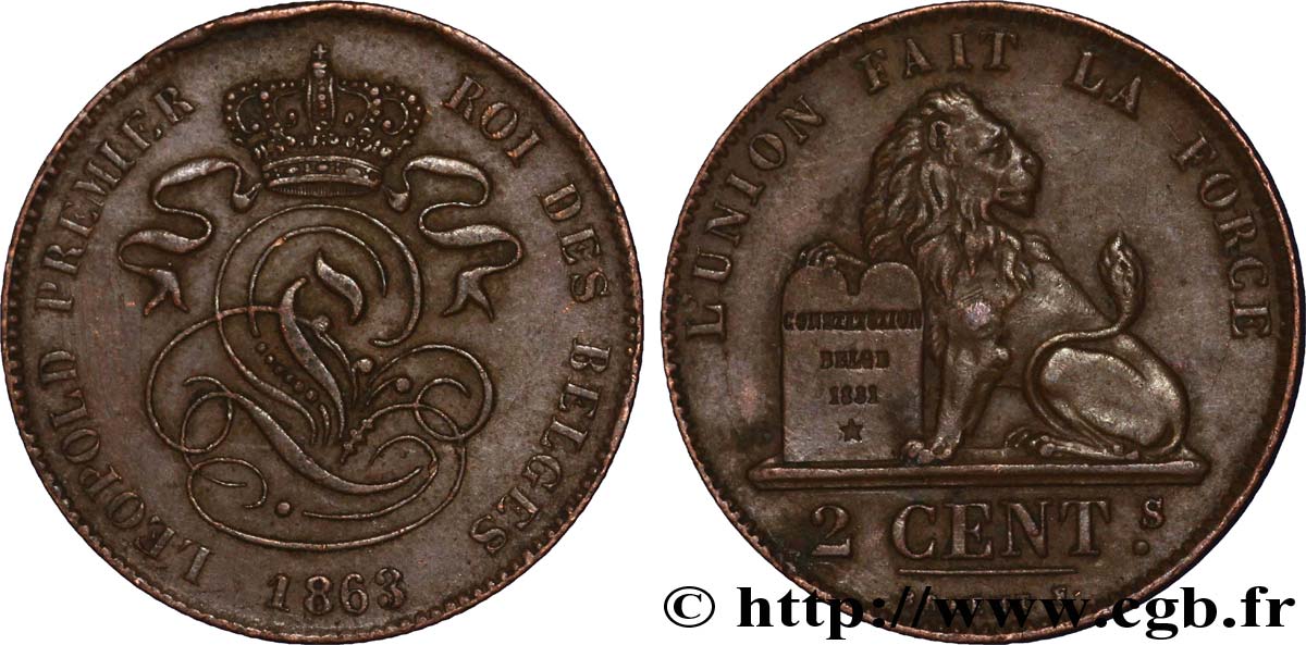 BELGIUM 2 Centimes lion monogramme de Léopold Ier 1863  XF 
