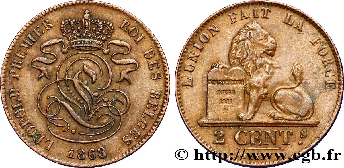 BELGIUM 2 Centimes lion monogramme de Léopold Ier 1863  AU 