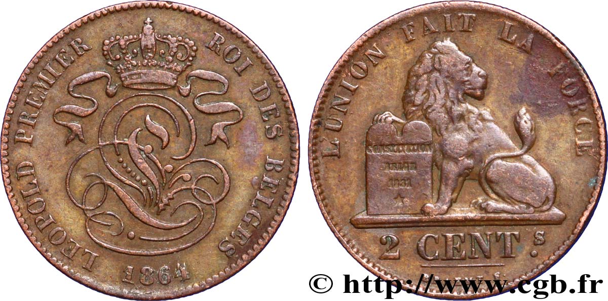BELGIUM 2 Centimes lion monogramme de Léopold Ier 1864  XF 