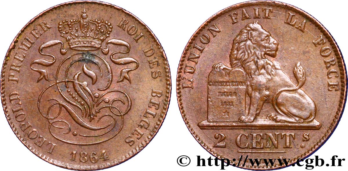 BELGIUM 2 Centimes lion monogramme de Léopold Ier 1864  AU 