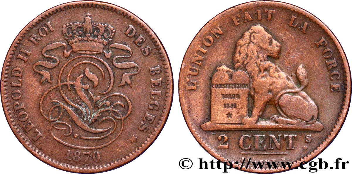 BELGIUM 2 Centimes lion monogramme de Léopold II 1870  XF 