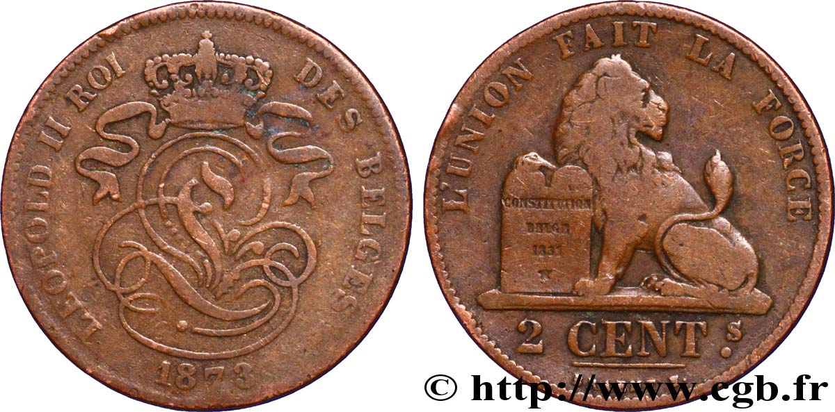 BELGIQUE 2 Centimes lion monogramme de Léopold II 1873  TB 