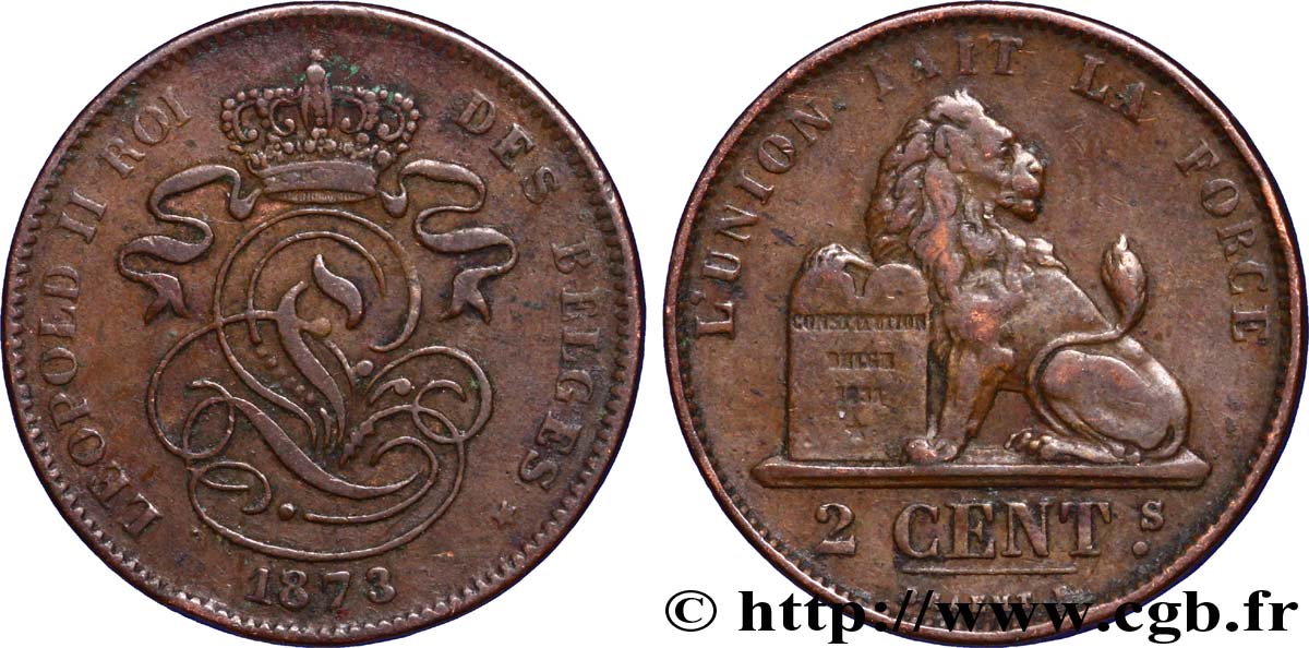 BELGIQUE 2 Centimes lion monogramme de Léopold II 1873  TTB 