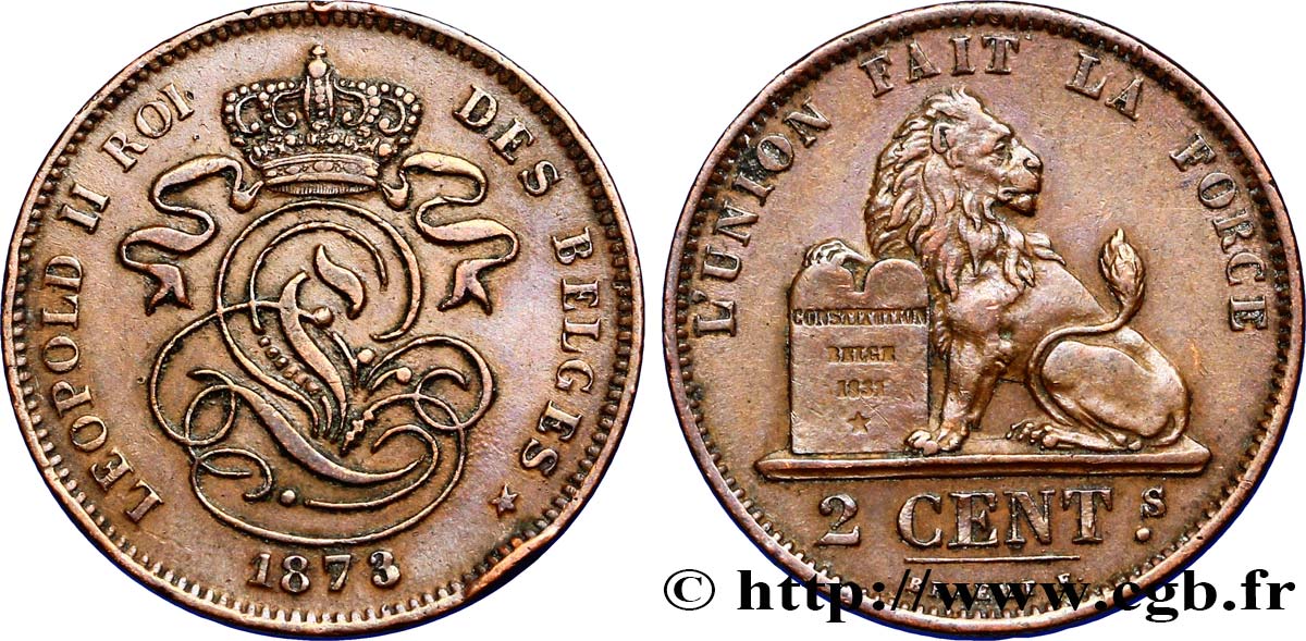 BÉLGICA 2 Centimes lion monogramme de Léopold II 1873  MBC+ 