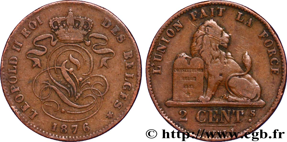 BELGIQUE 2 Centimes lion monogramme de Léopold II 1876  TB 