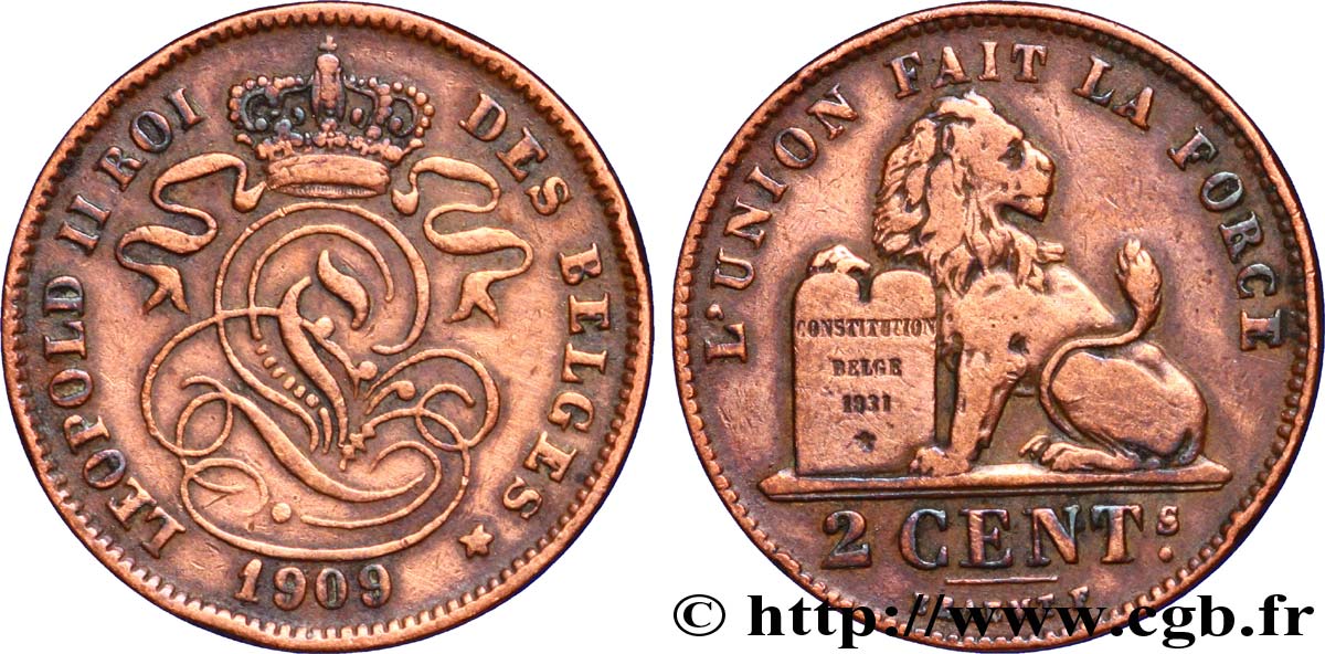 BELGIQUE 2 Centimes lion monogramme de Léopold II légende française 1909  TB+ 