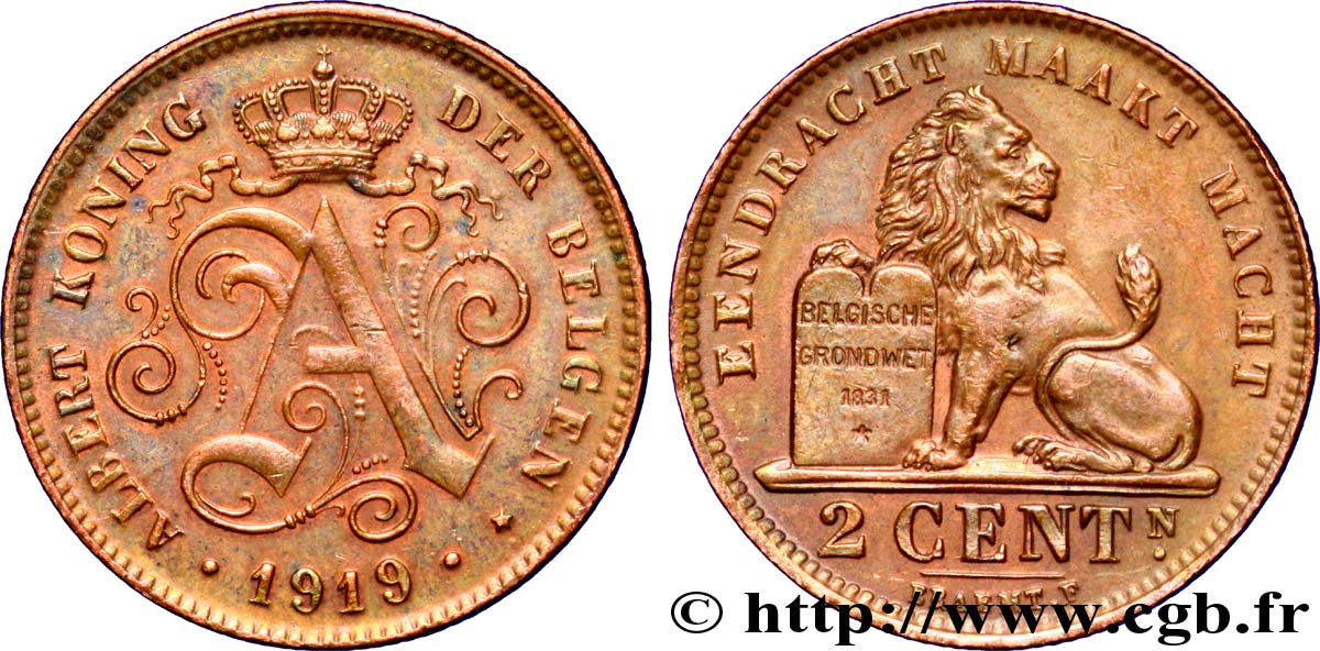 BELGIQUE 2 Centimes monogramme d’Albert Ier légende flamande 1919  TTB+ 