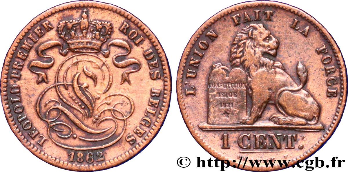 BELGIQUE 1 Centime lion monogramme de Léopold Ier 1862  TTB 