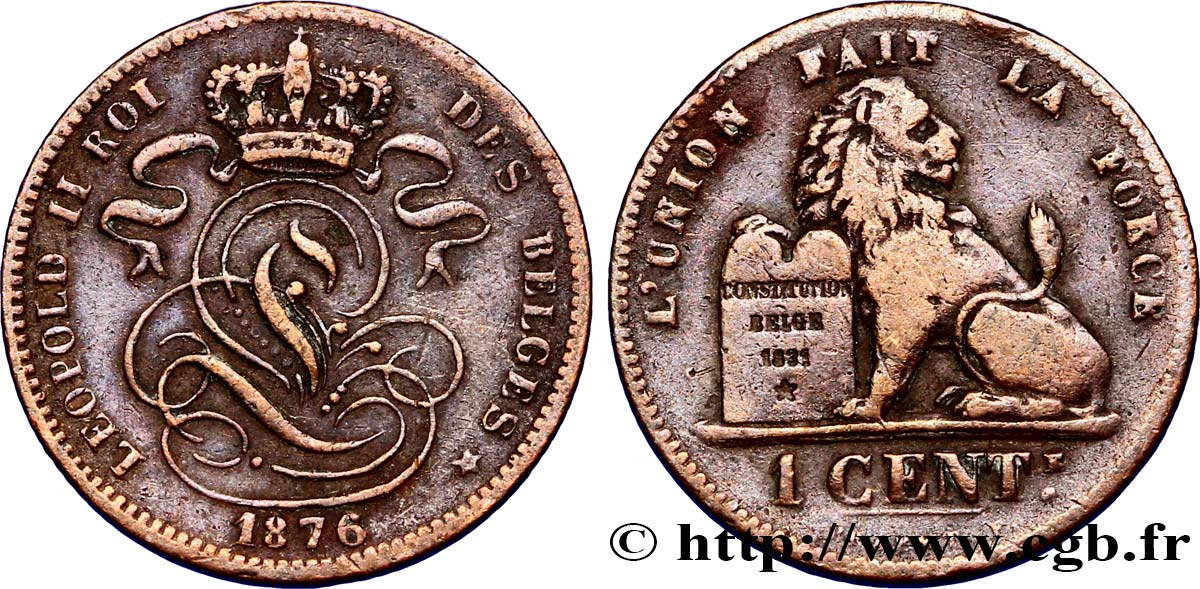 BELGIEN 1 Centime lion monogramme de Léopold II 1876  fSS 