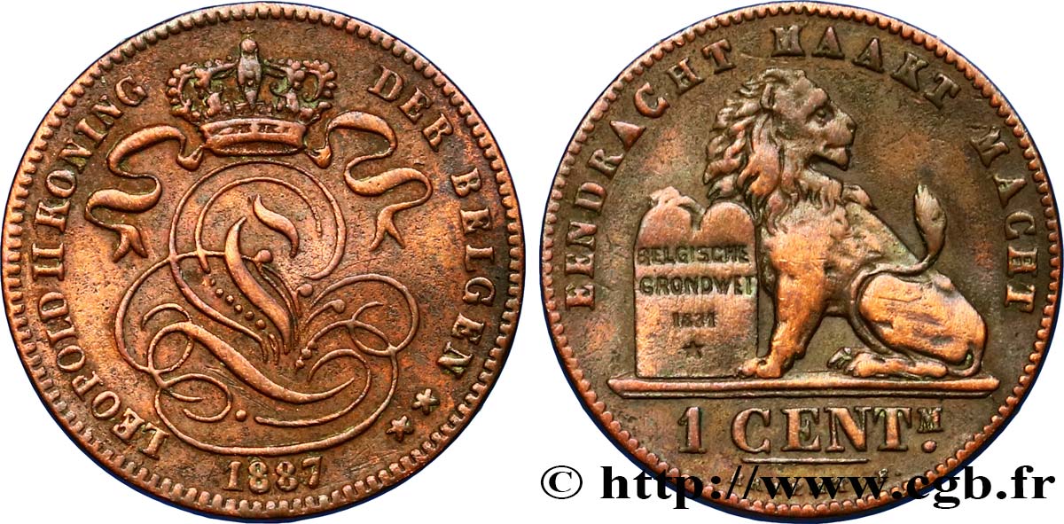 BELGIUM 1 Centime lion monogramme de Léopold II légende en flamand 1887  AU 