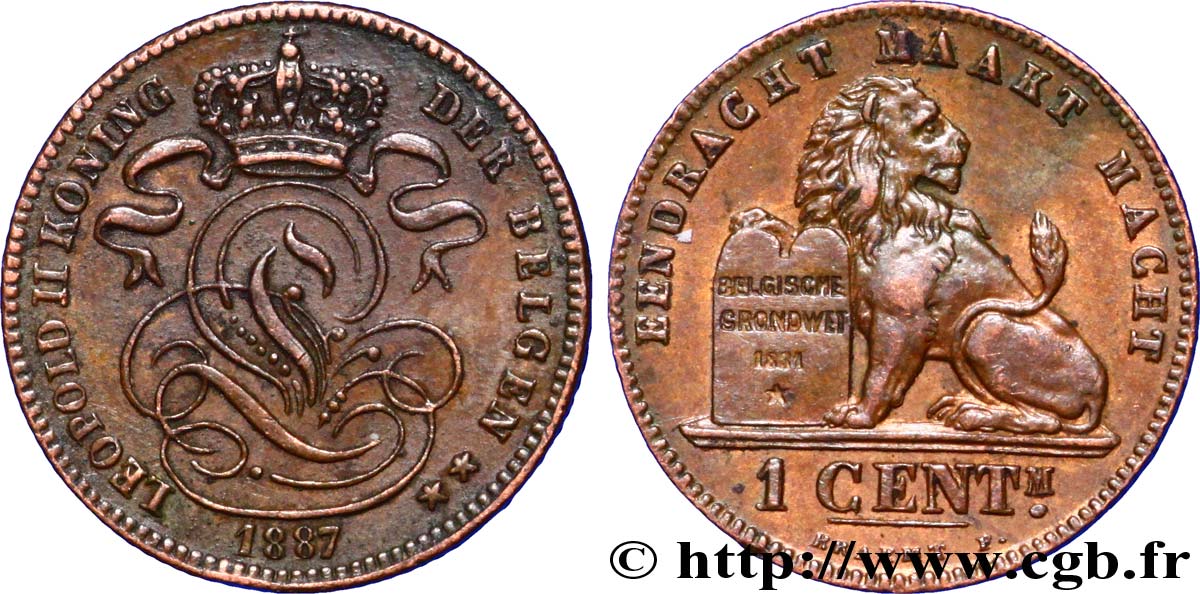 BELGIQUE 1 Centime lion monogramme de Léopold II légende en flamand 1887  SUP 