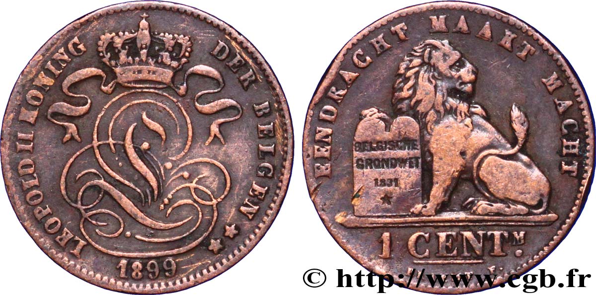 BELGIQUE 1 Centime lion monogramme de Léopold II légende en flamand 1899  TTB 
