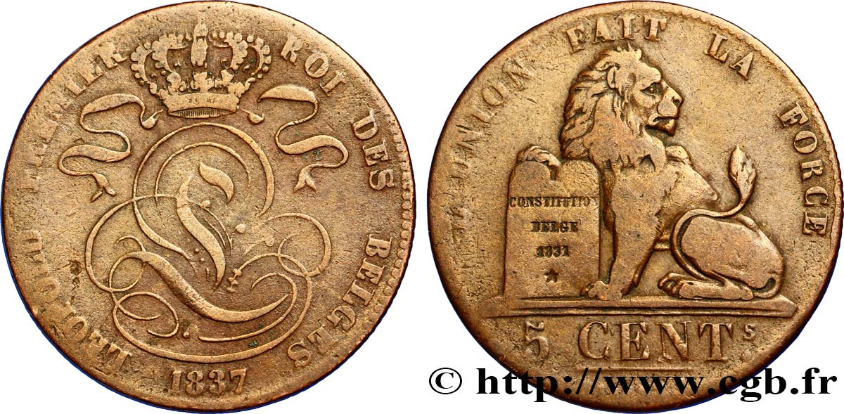 BELGIQUE 5 Centimes monogramme de Léopold Ier / lion 1837  TB+ 