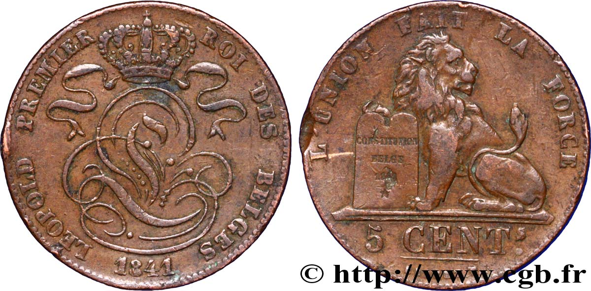 BELGIQUE 5 Centimes monogramme de Léopold Ier / lion 1841  TB+ 