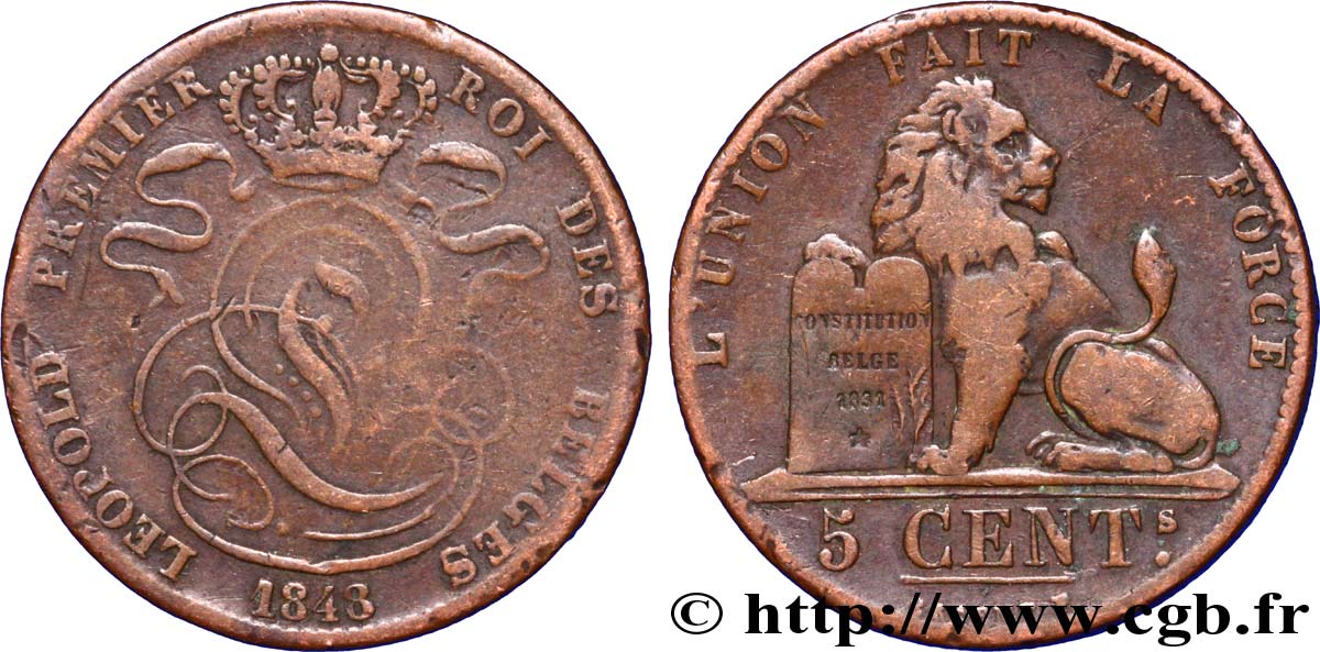 BELGIQUE 5 Centimes monogramme de Léopold Ier / lion 1848  TB 