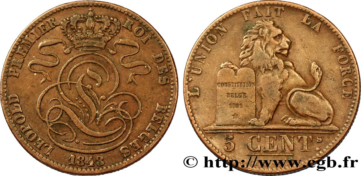 BELGIQUE 5 Centimes monogramme de Léopold Ier / lion 1848  TTB 