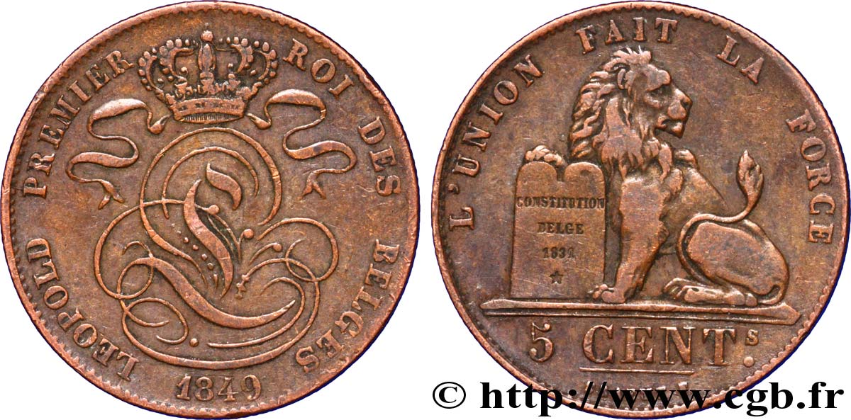 BELGIQUE 5 Centimes monogramme de Léopold Ier / lion 1849  TB+ 