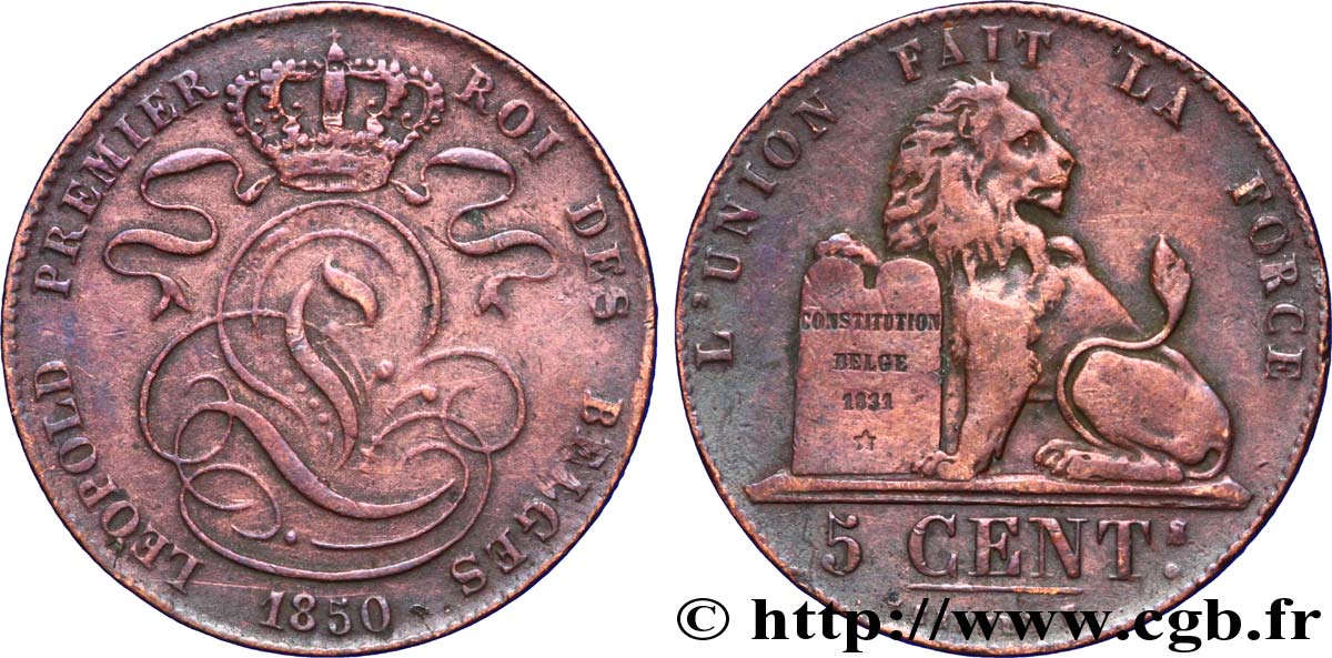 BELGIQUE 5 Centimes monograme de Léopold couronné / lion 1850  TB+ 