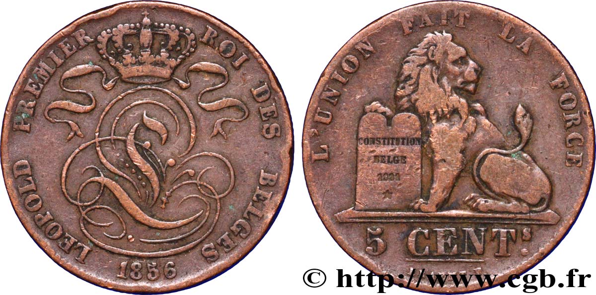 BELGIQUE 5 Centimes monograme de Léopold couronné / lion 1856  TB+ 