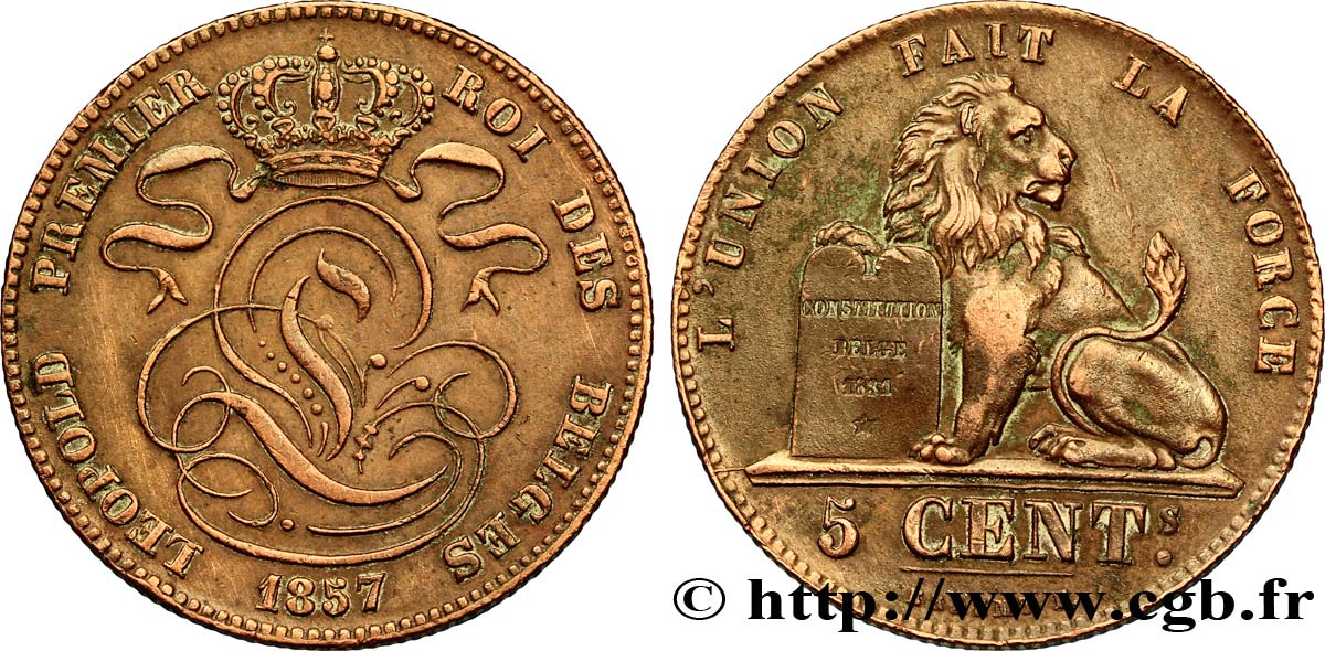 BELGIQUE 5 Centimes monograme de Léopold couronné / lion 1857  TTB+ 
