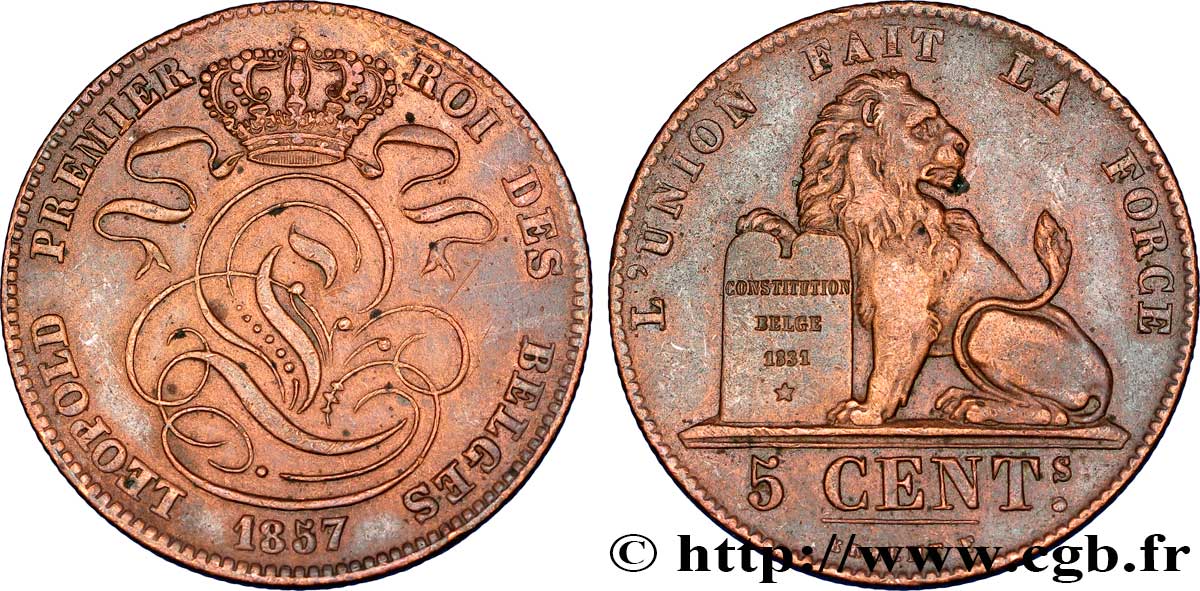 BELGIQUE 5 Centimes monograme de Léopold couronné / lion 1857  TTB+ 