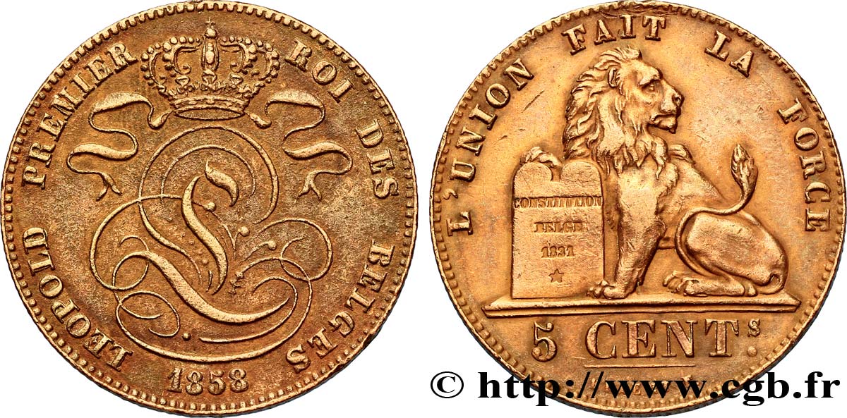 BELGIQUE 5 Centimes monograme de Léopold couronné / lion 1858  TTB+ 