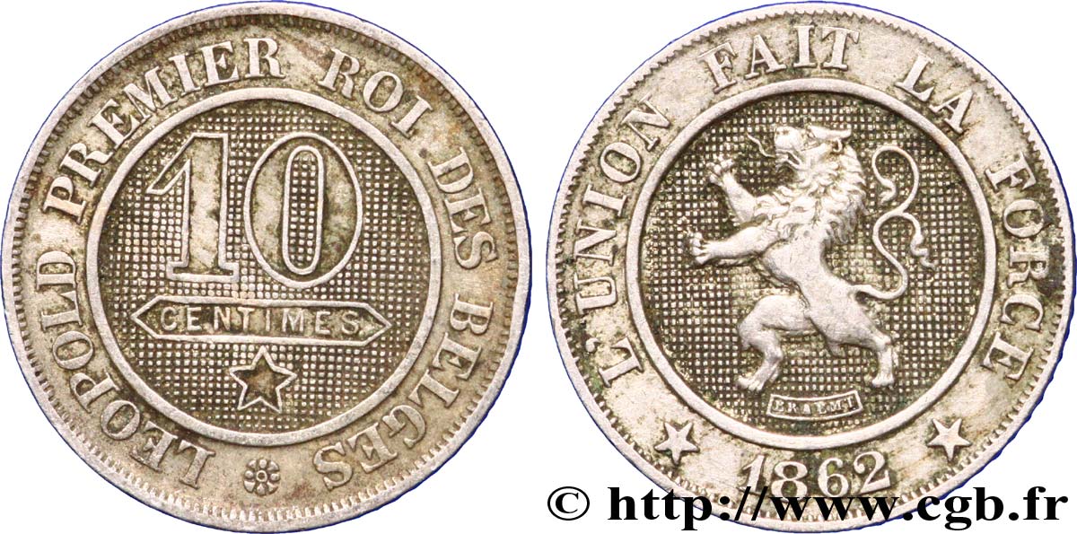 BELGIQUE 10 Centimes lion 1862  TTB+ 