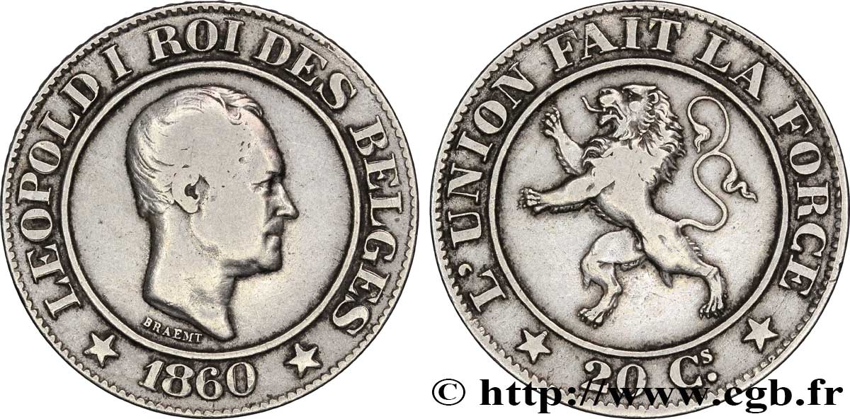 BELGIQUE 20 Centimes Léopold Ier / lion 1860 TB+