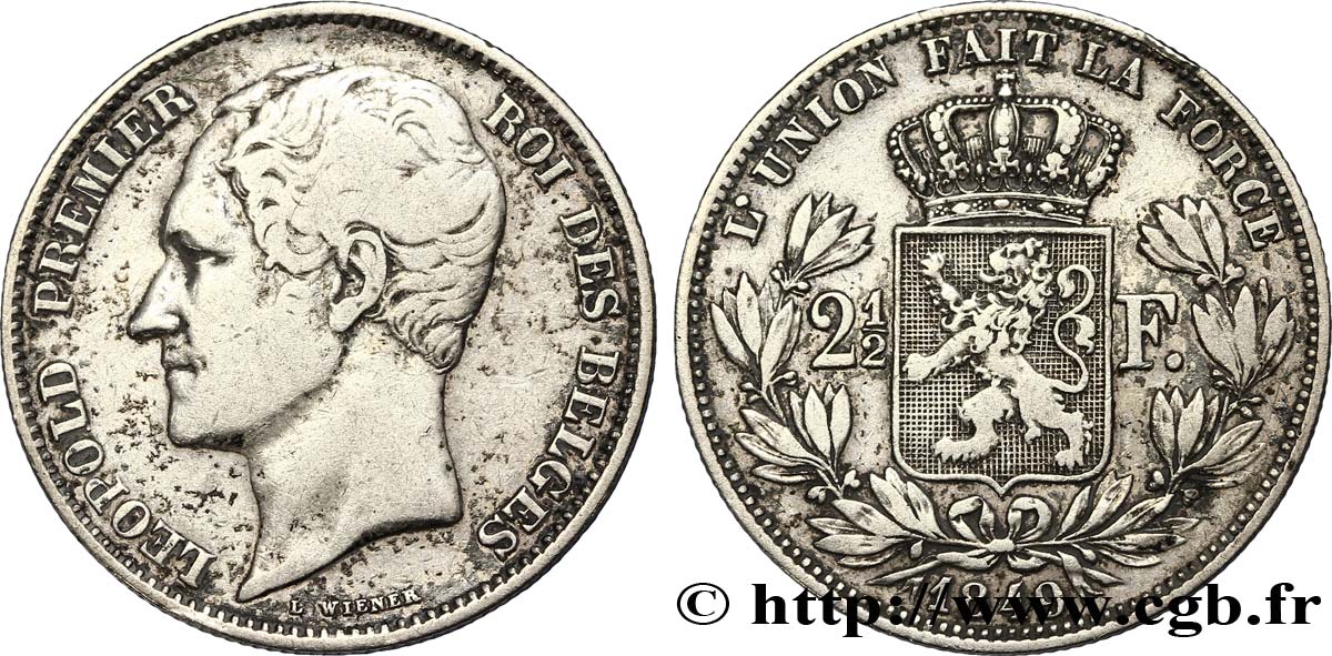 BELGIQUE 2 1/2 Francs 2e type, grosse tête nue Léopold Ier / écu couronné 1849 Bruxelles TB+ 