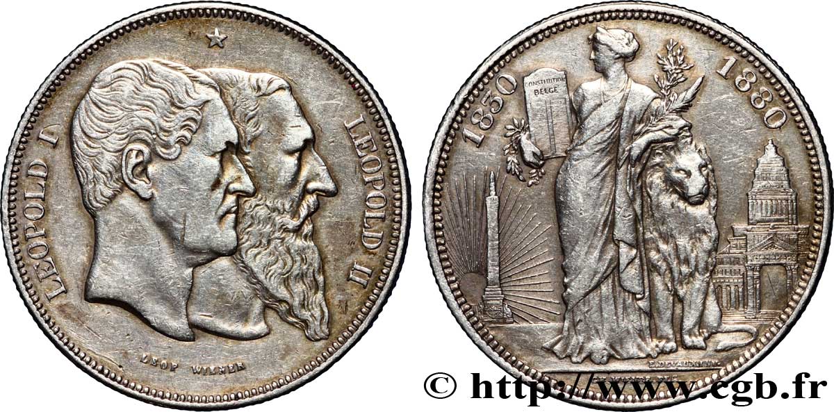 BELGIQUE 5 francs, Cinquantenaire du Royaume (1830-1880) 1880 Bruxelles TTB 